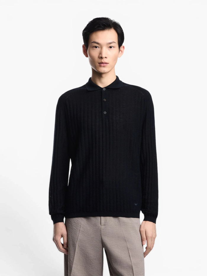 Wool and Lyocell-blend polo collar jumper - Blue Navy