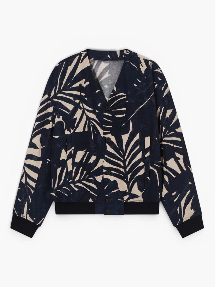 Linen-blend jacket with foliage-print pattern - Blauw